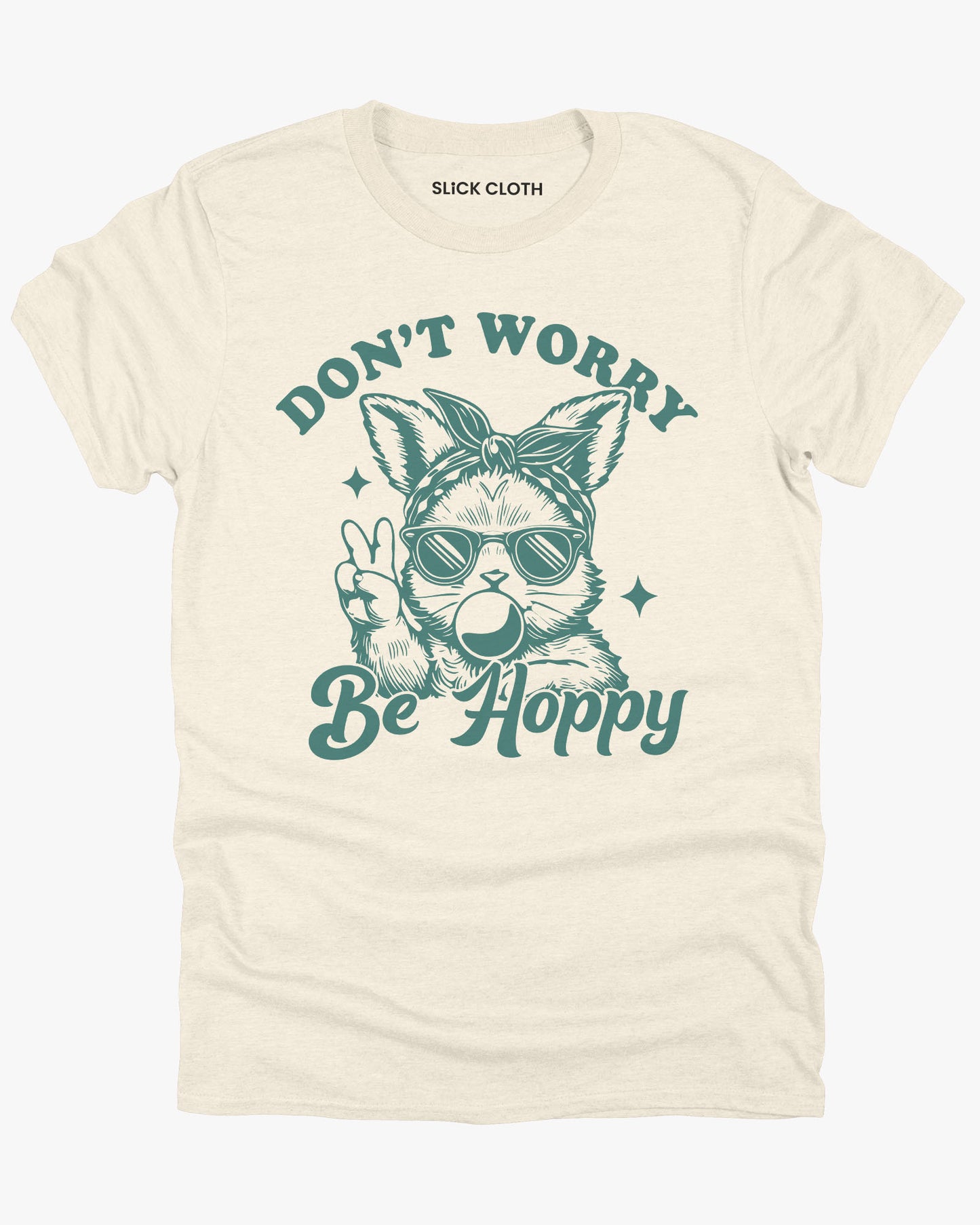 Flat lay natural-colored 'Don't Worry, Be Hoppy' shirt featuring a funny retro easter bunny graphic.