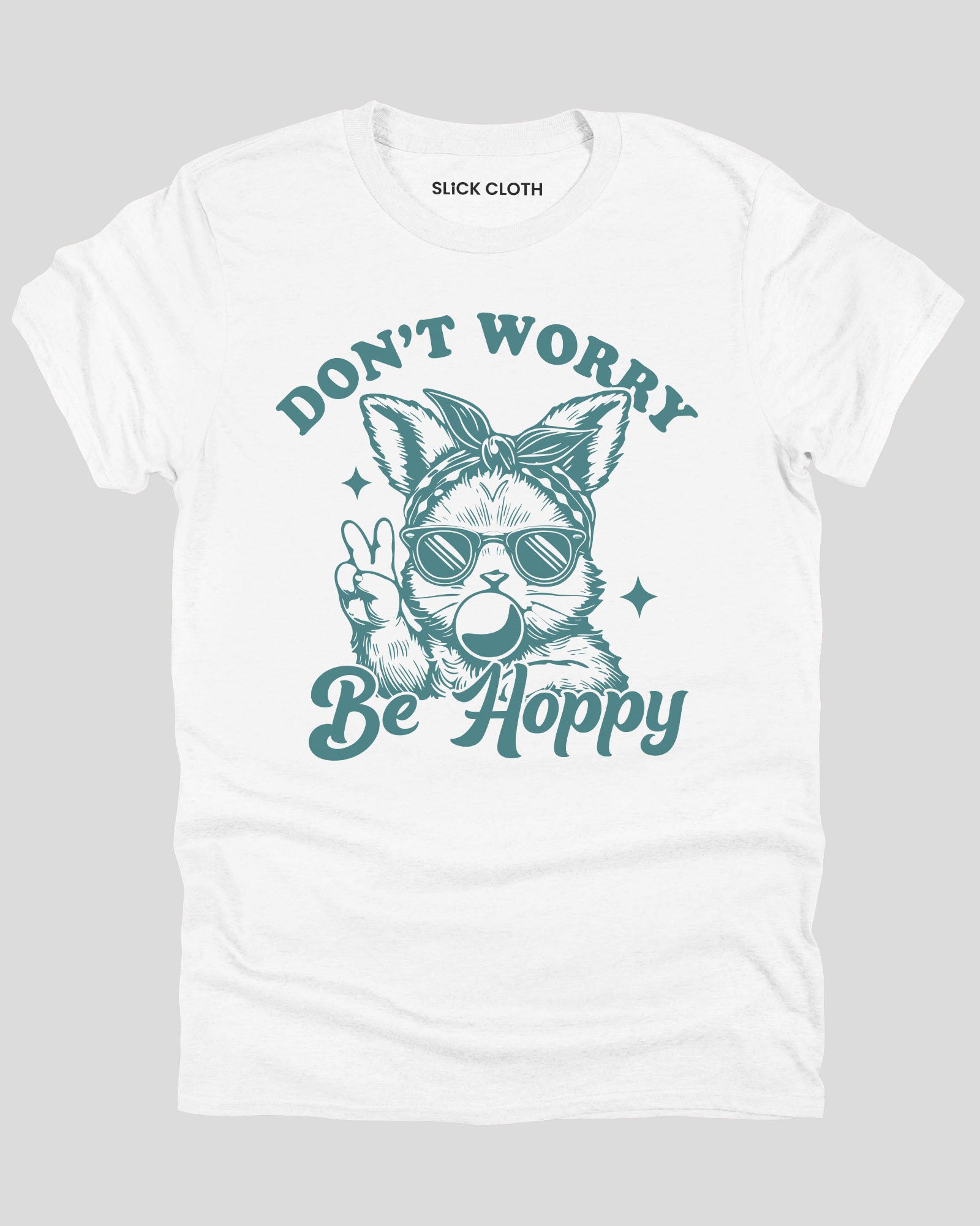 Flat lay white-colored 'Don't Worry, Be Hoppy' shirt featuring a funny retro easter bunny graphic.