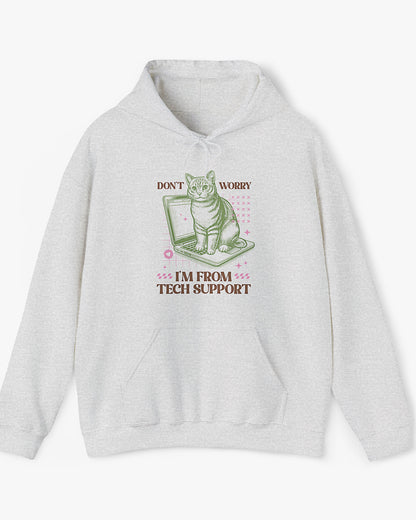 Flat laying ash gray 'Don't Worry I'm From Tech Support' hoodie with funny retro cat sitting on computer graphic