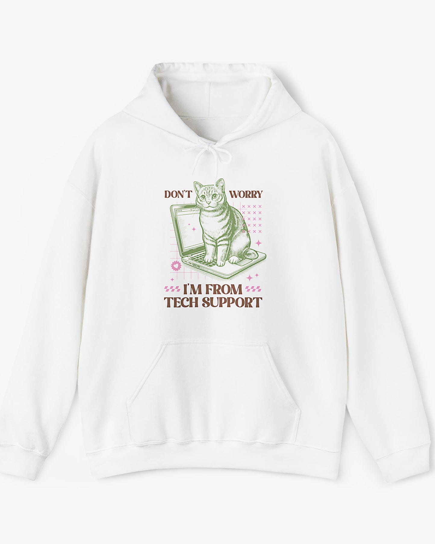 Flat laying white 'Don't Worry I'm From Tech Support' hoodie with funny retro cat sitting on computer graphic