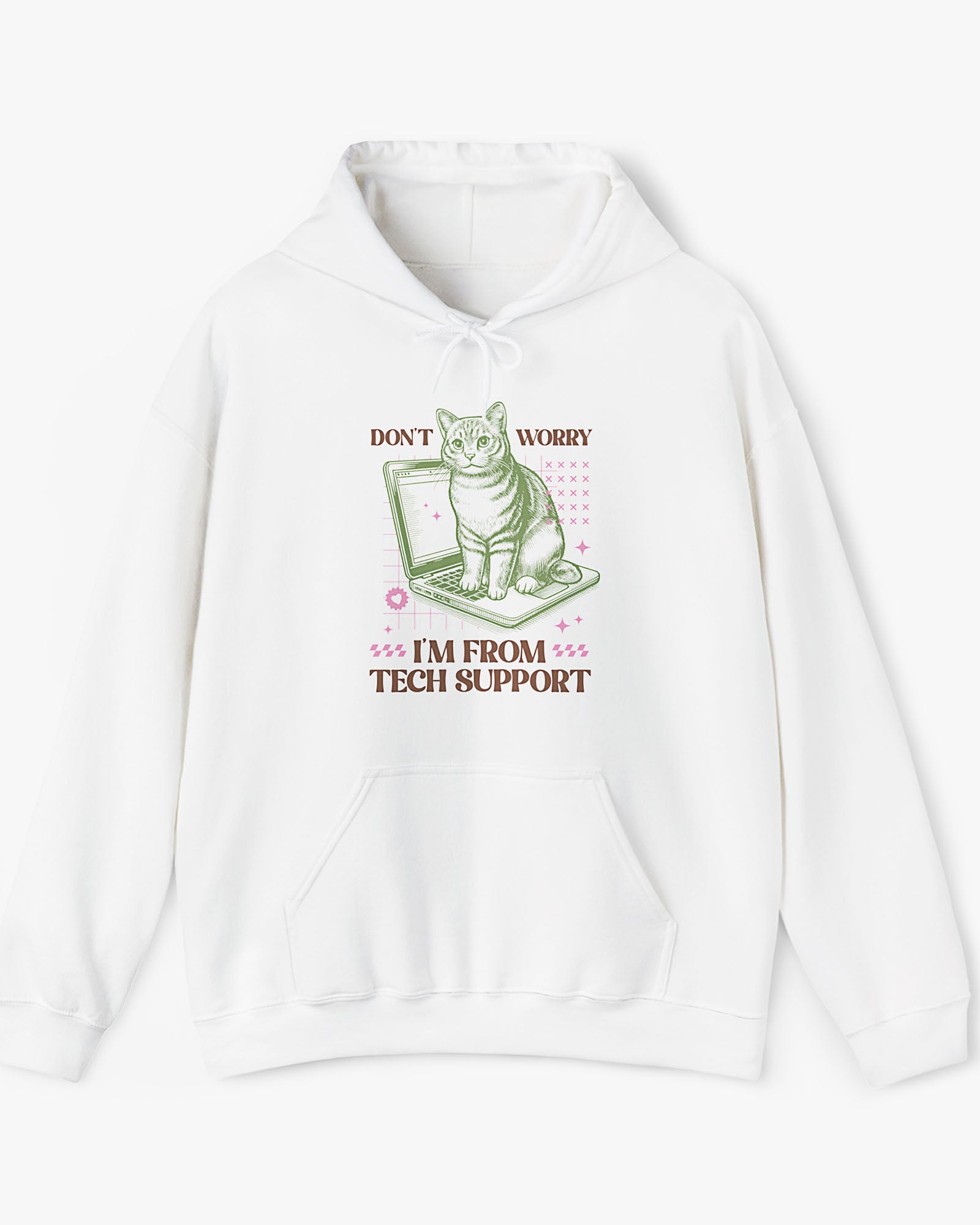 Flat laying white 'Don't Worry I'm From Tech Support' hoodie with funny retro cat sitting on computer graphic