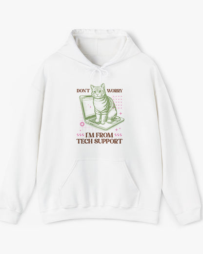 Flat laying white 'Don't Worry I'm From Tech Support' hoodie with funny retro cat sitting on computer graphic
