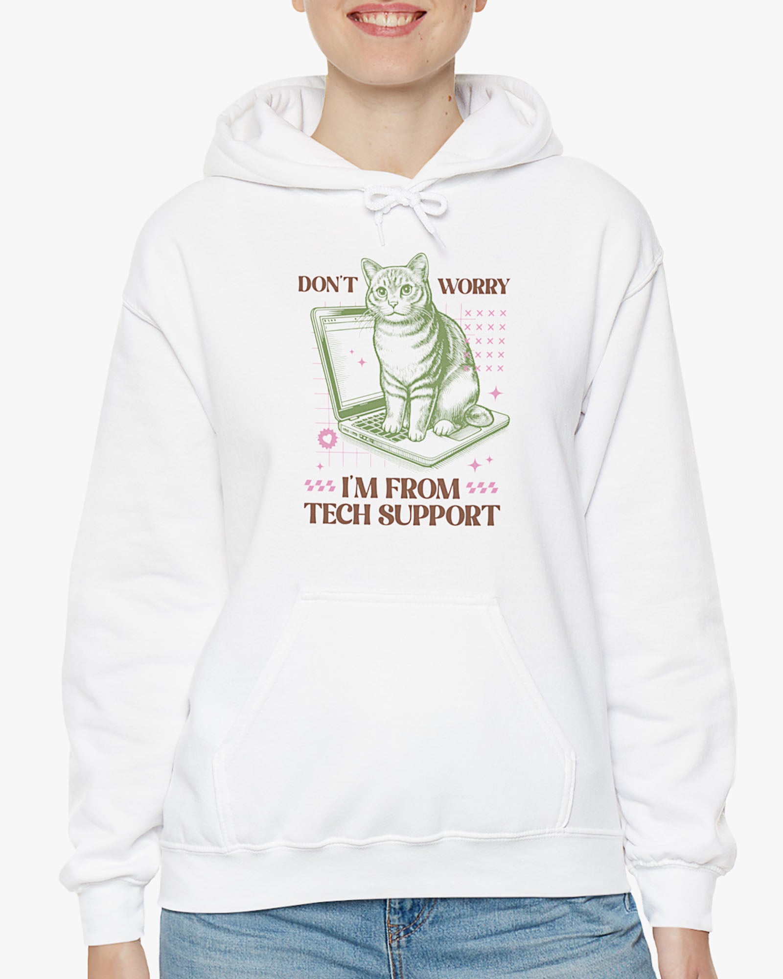 Woman wearing white 'Don't Worry I'm From Tech Support' hoodie with funny retro cat sitting on computer graphic
