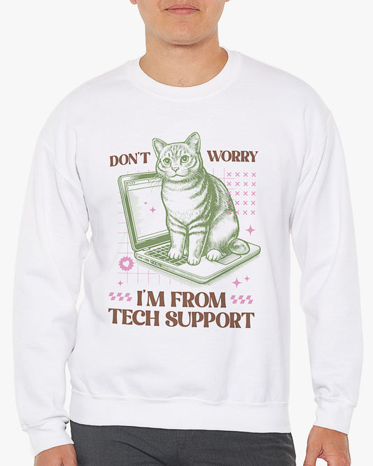 Man wearing white 'Don't Worry I'm From Tech Support' sweatshirt with funny retro cat sitting computer graphic
