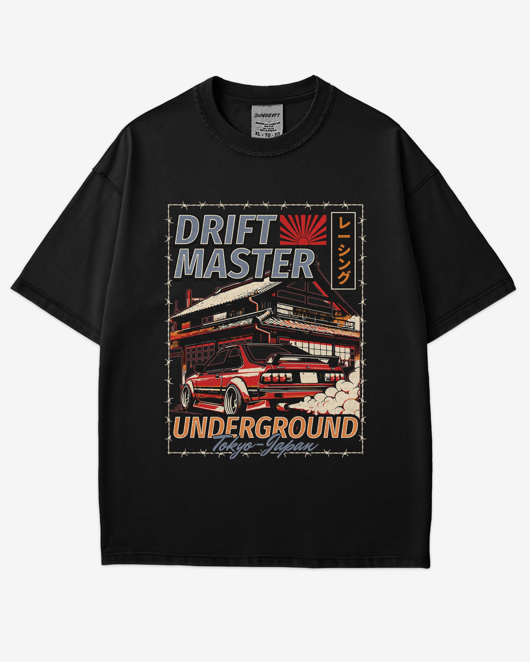 Flat lay black Drift Master Tokyo shirt with a retro graphic of a race car and Japanese house.