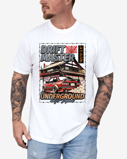 Man wearing a white Drift Master Tokyo shirt with a retro graphic of a race car and Japanese house.