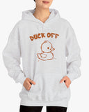Woman wearing ash gray 'Duck Off' hoodie with funny retro duck doodle graphic