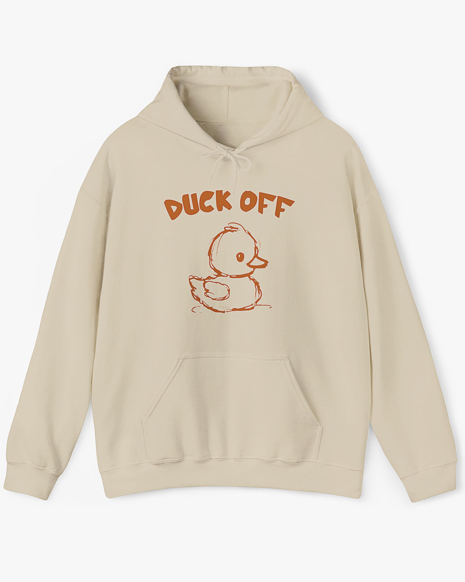 Flat lay sand beige 'Duck Off' hoodie with funny retro duck doodle graphic