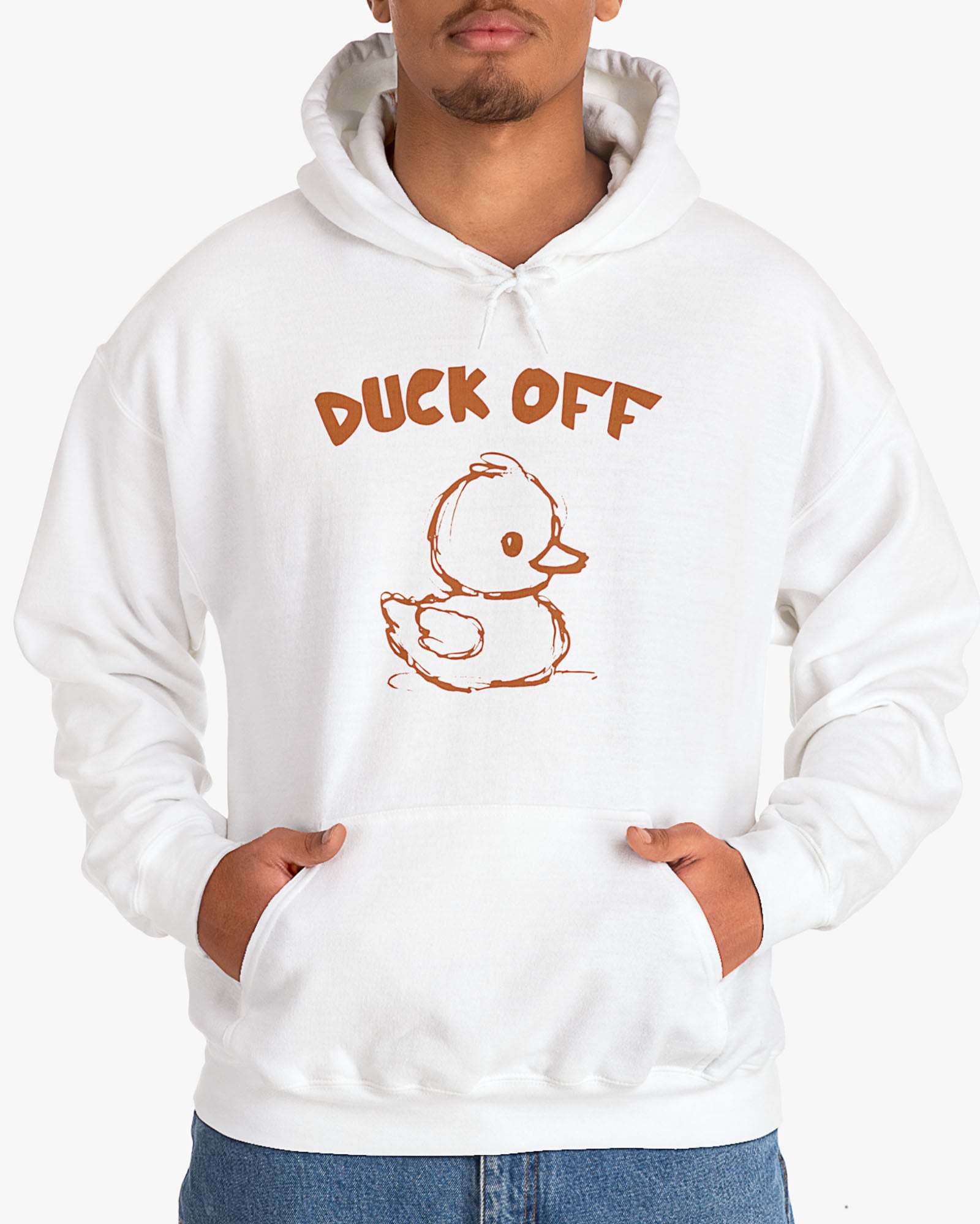 Man wearing white 'Duck Off' hoodie with funny retro duck doodle graphic