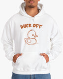 Man wearing white 'Duck Off' hoodie with funny retro duck doodle graphic
