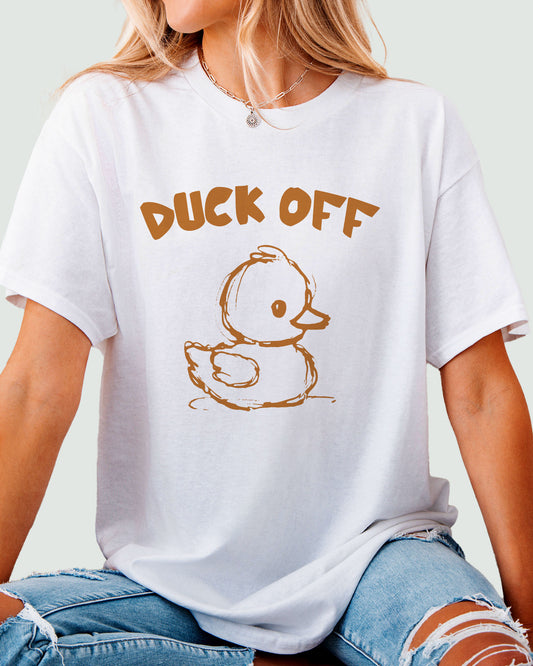 Woman wearing funny "Duck Off" shirt in white color with a retro duck graphic