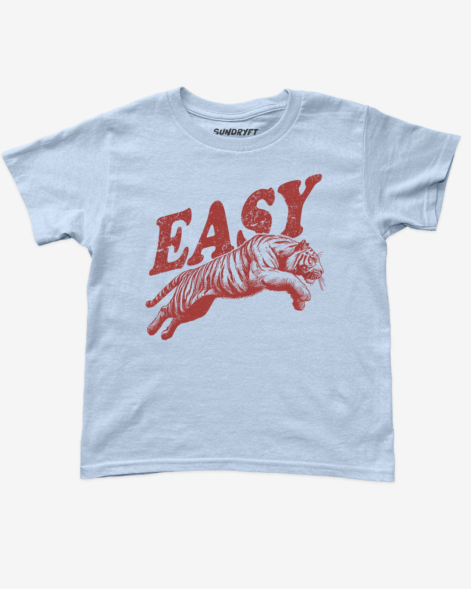 Easy tiger baby tee in light blue with retro jumping tiger graphic