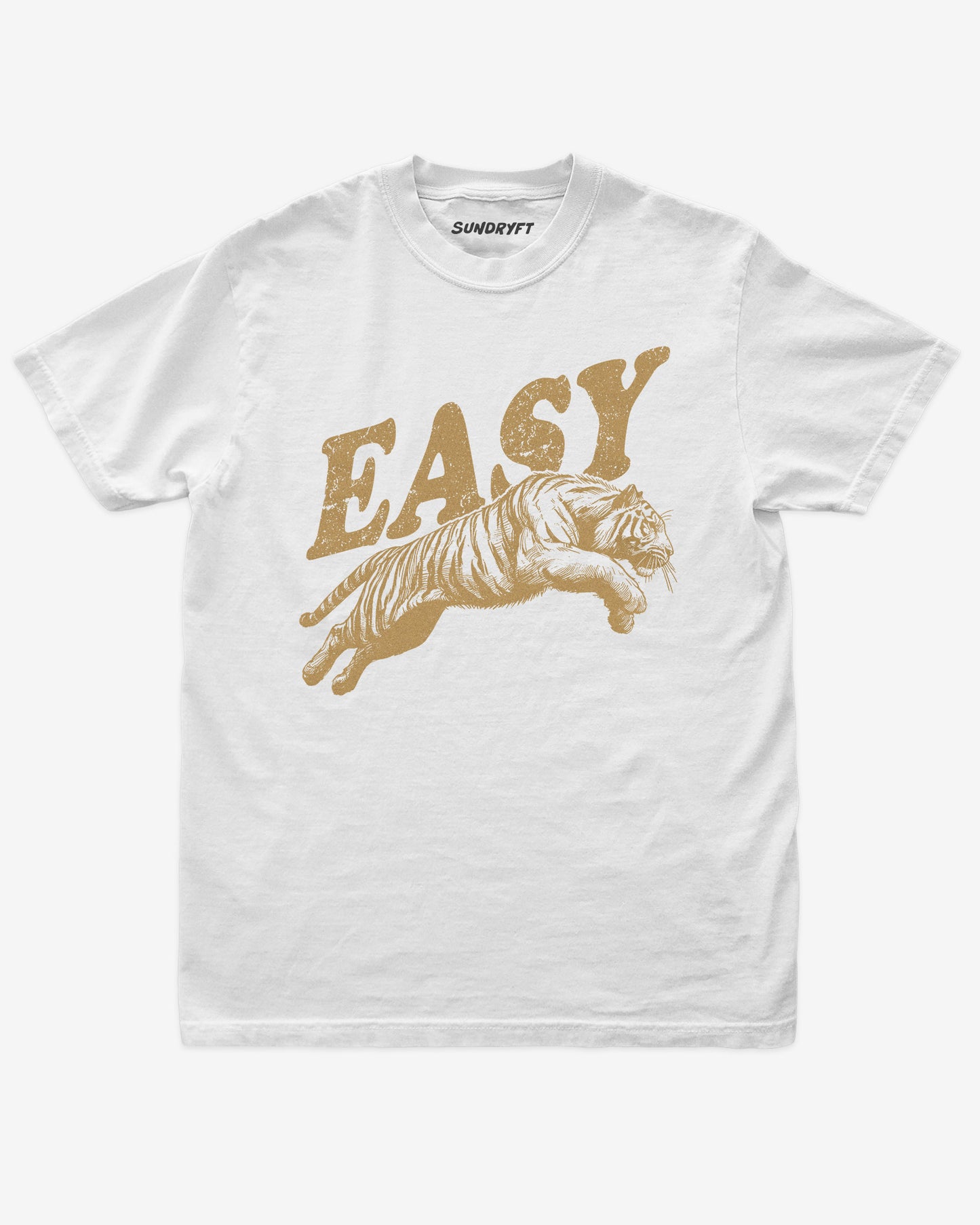 Easy Tiger shirt in white with retro graphic of jumping tiger