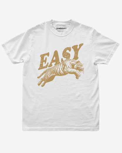 Easy Tiger shirt in white with retro graphic of jumping tiger