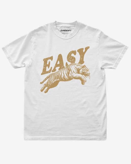 Easy Tiger shirt in white with retro graphic of jumping tiger