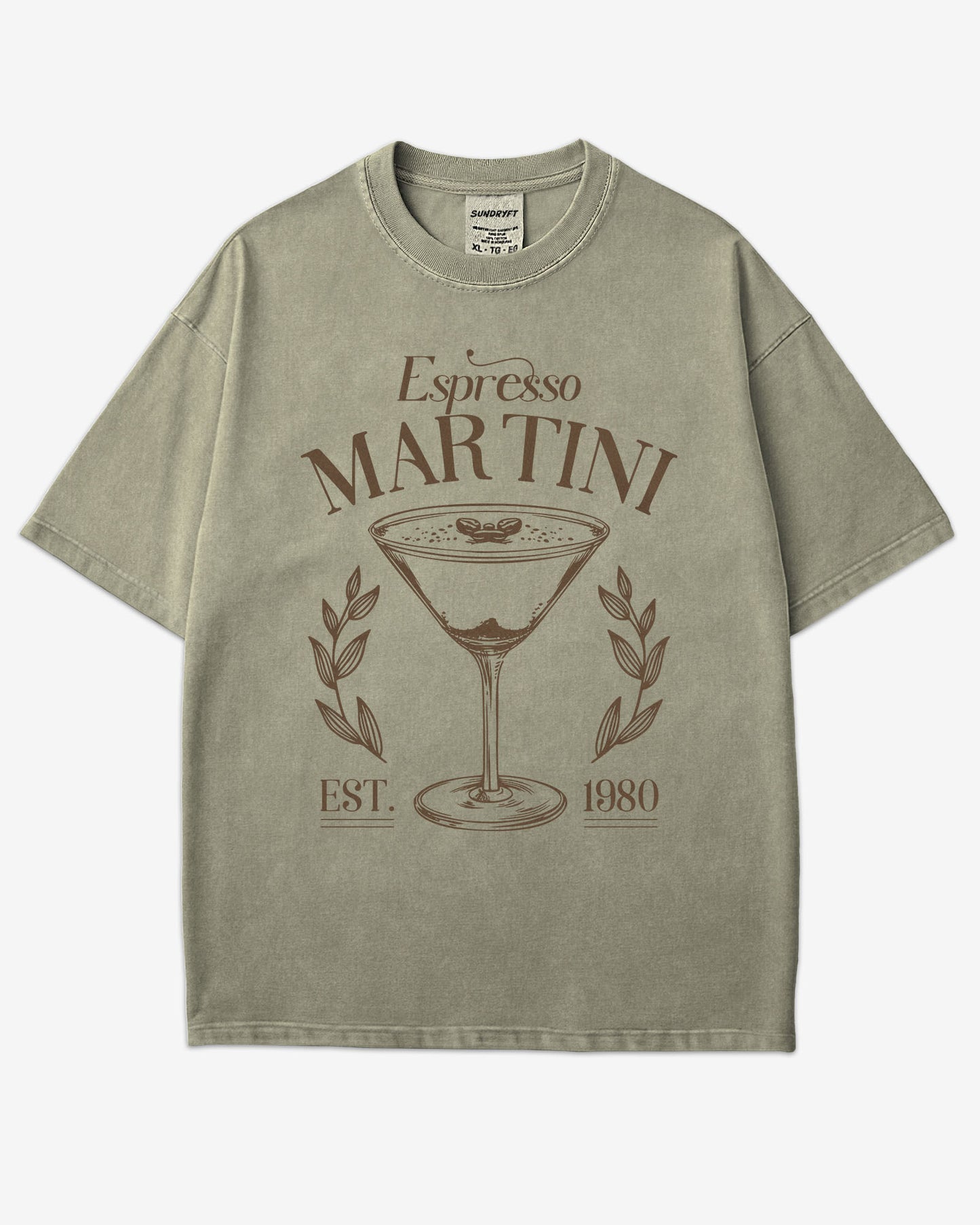 Flat lay khaki Espresso Martini retro graphic tee