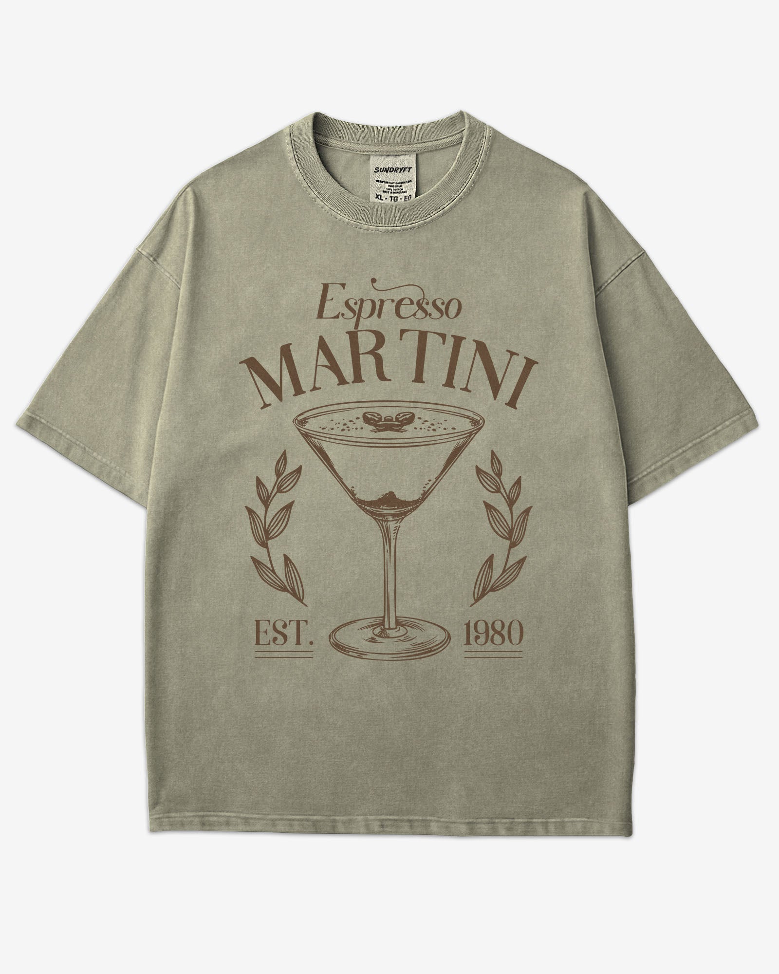 Flat lay khaki Espresso Martini retro graphic tee