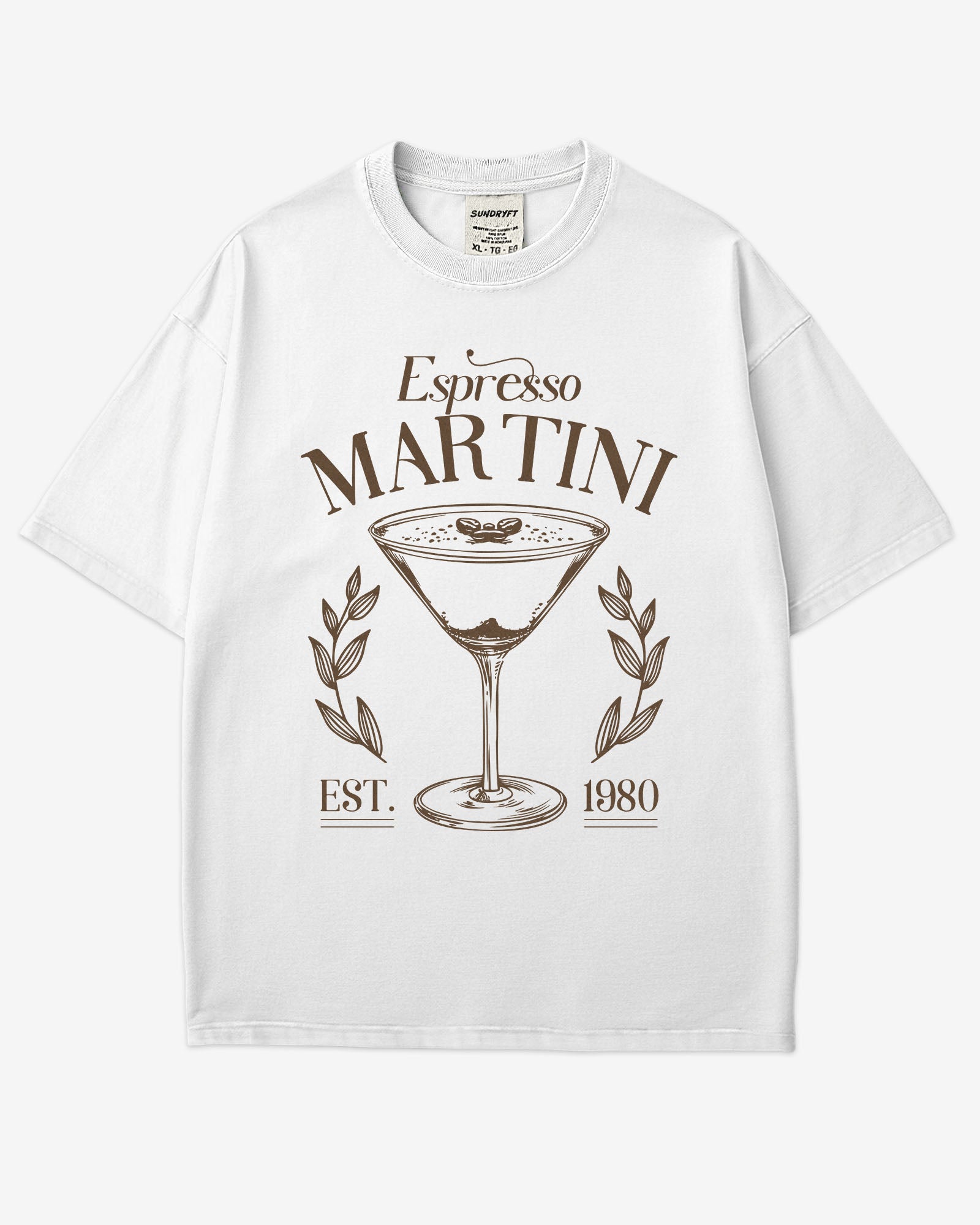 Flat lay white Espresso Martini retro graphic tee