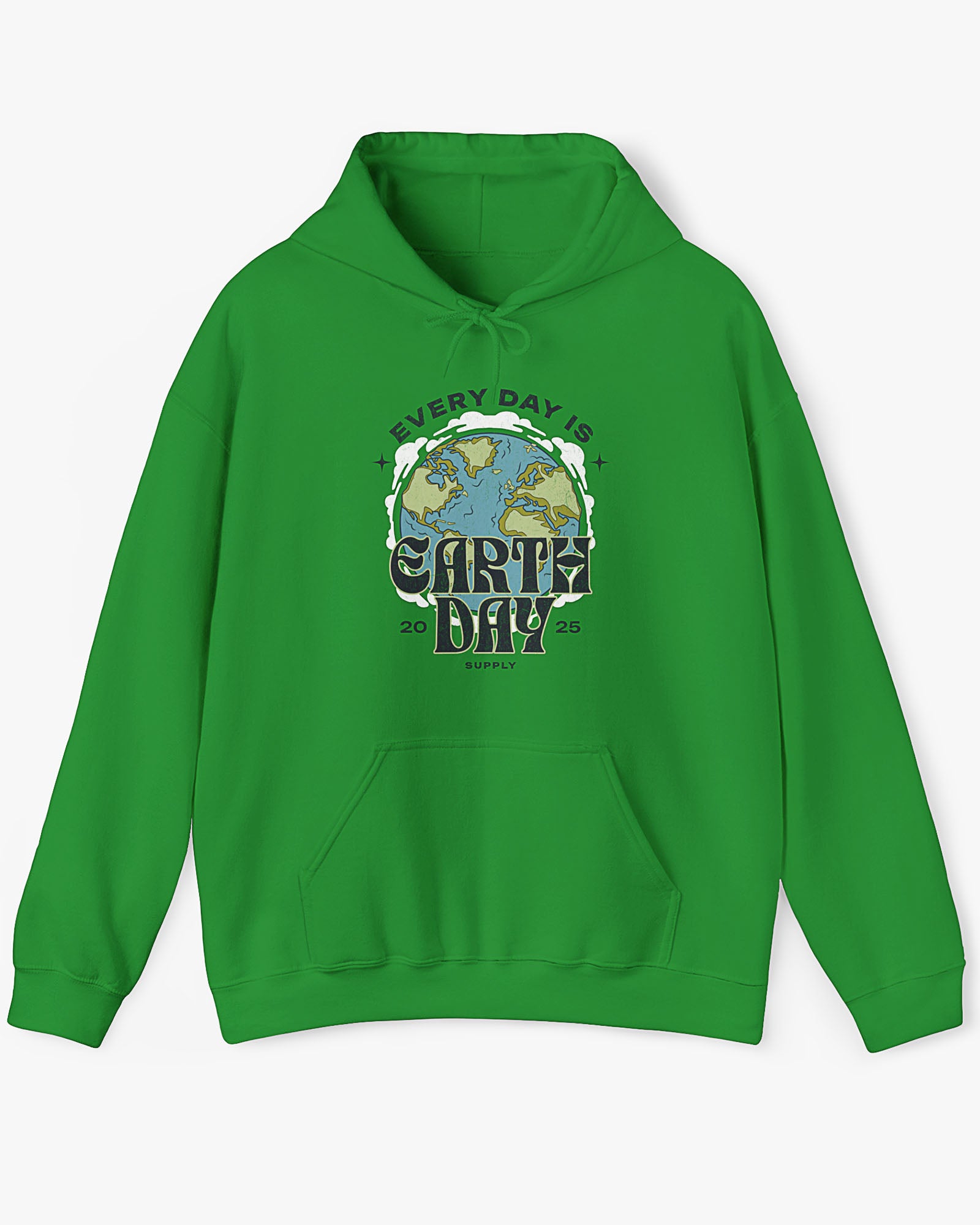 Flat lay irish green 'Every Day Is Earth Day 2025' hoodie with retro earth globe graphic