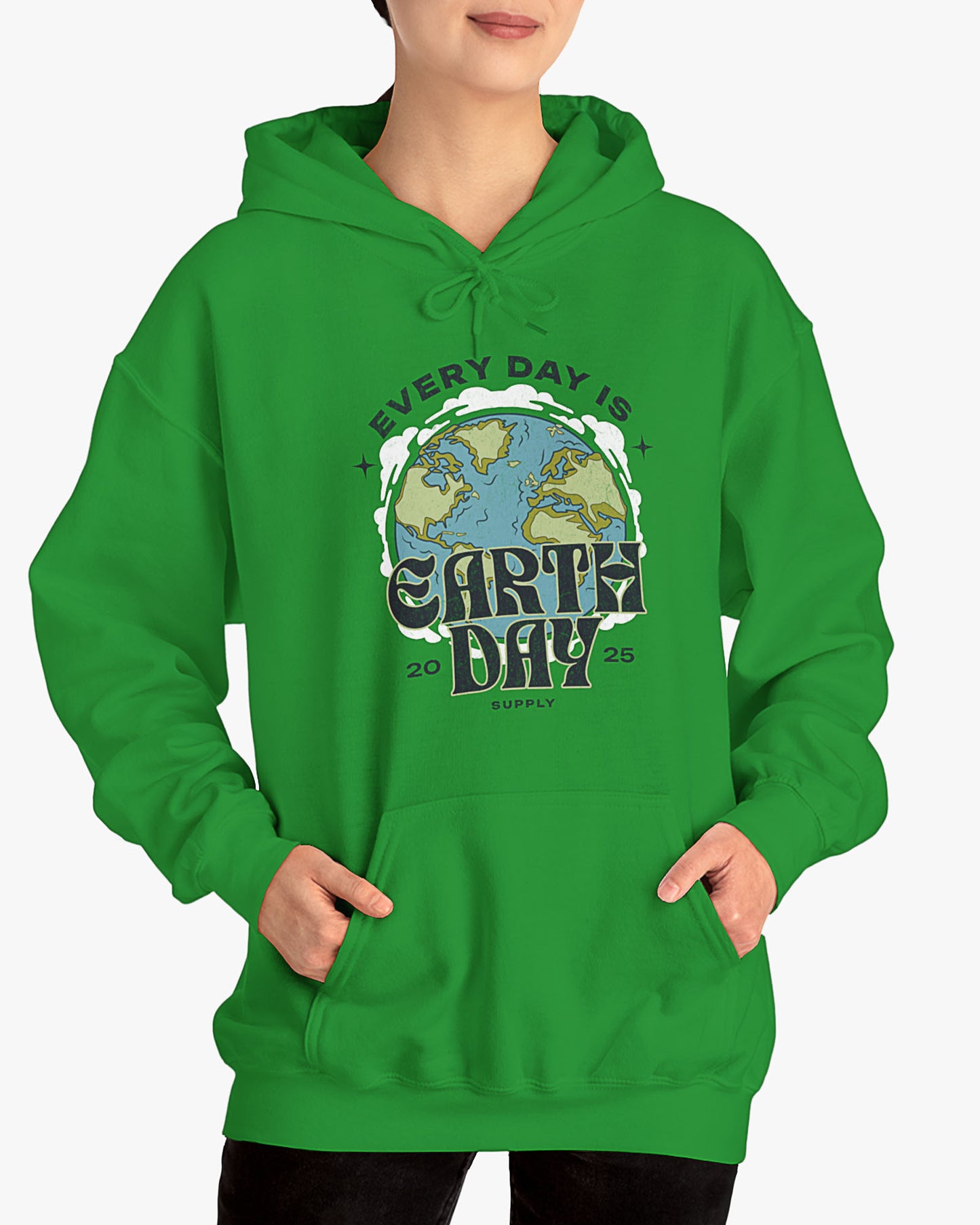 Woman wearing irish green 'Every Day Is Earth Day 2025' hoodie with retro earth globe graphic