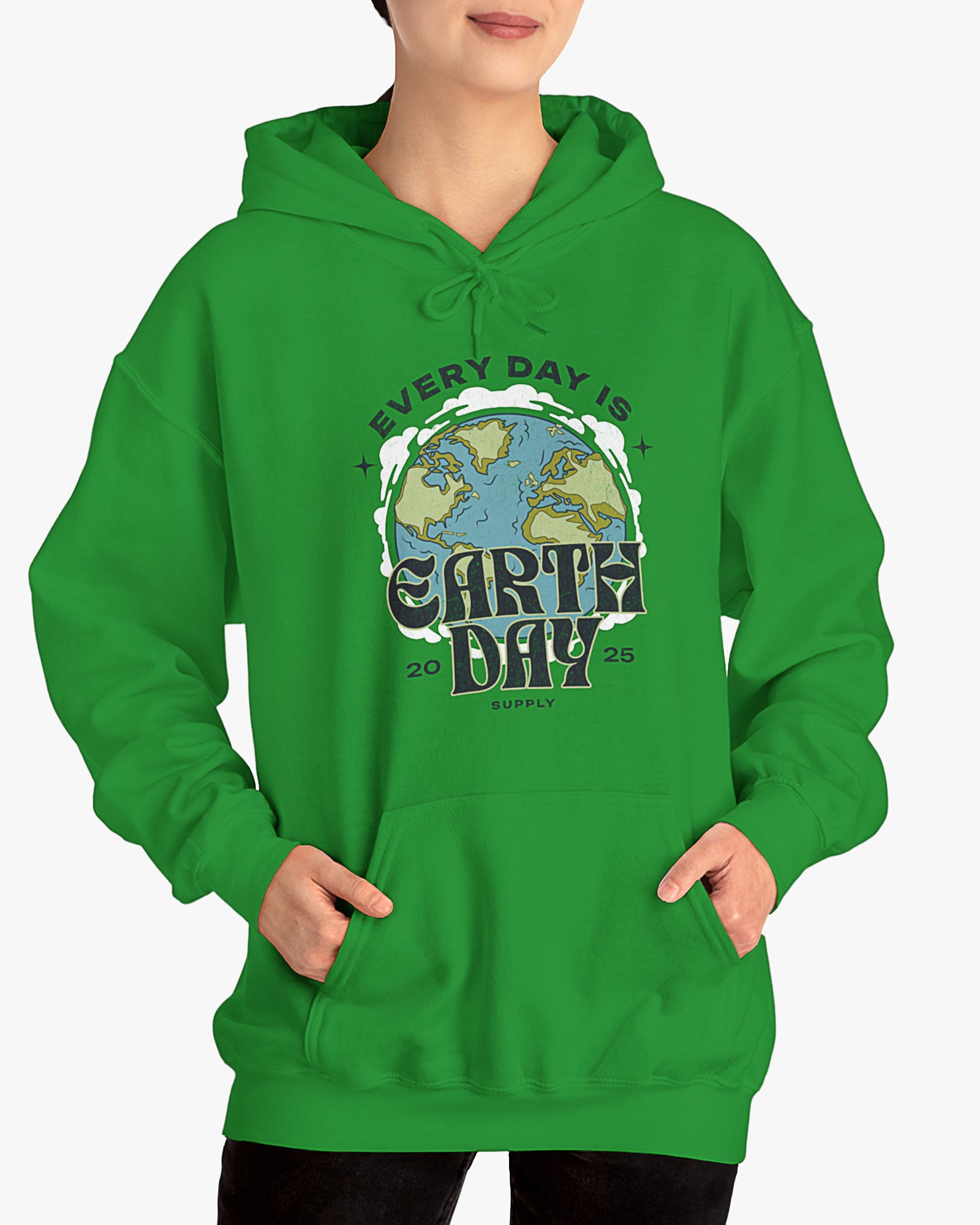 Woman wearing irish green 'Every Day Is Earth Day 2025' hoodie with retro earth globe graphic