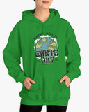 Woman wearing irish green 'Every Day Is Earth Day 2025' hoodie with retro earth globe graphic