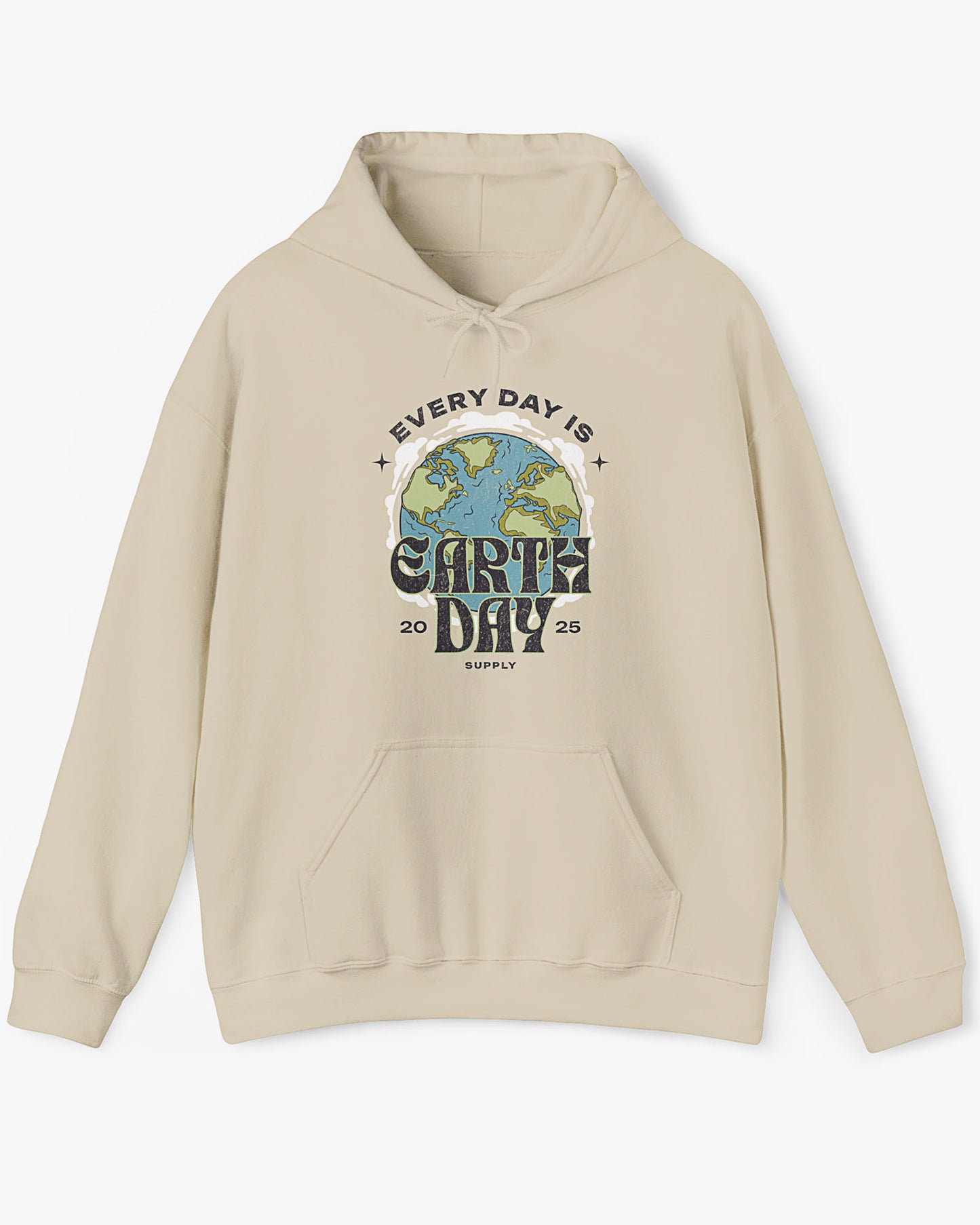 Flat lay sand beige 'Every Day Is Earth Day 2025' hoodie with retro earth globe graphic