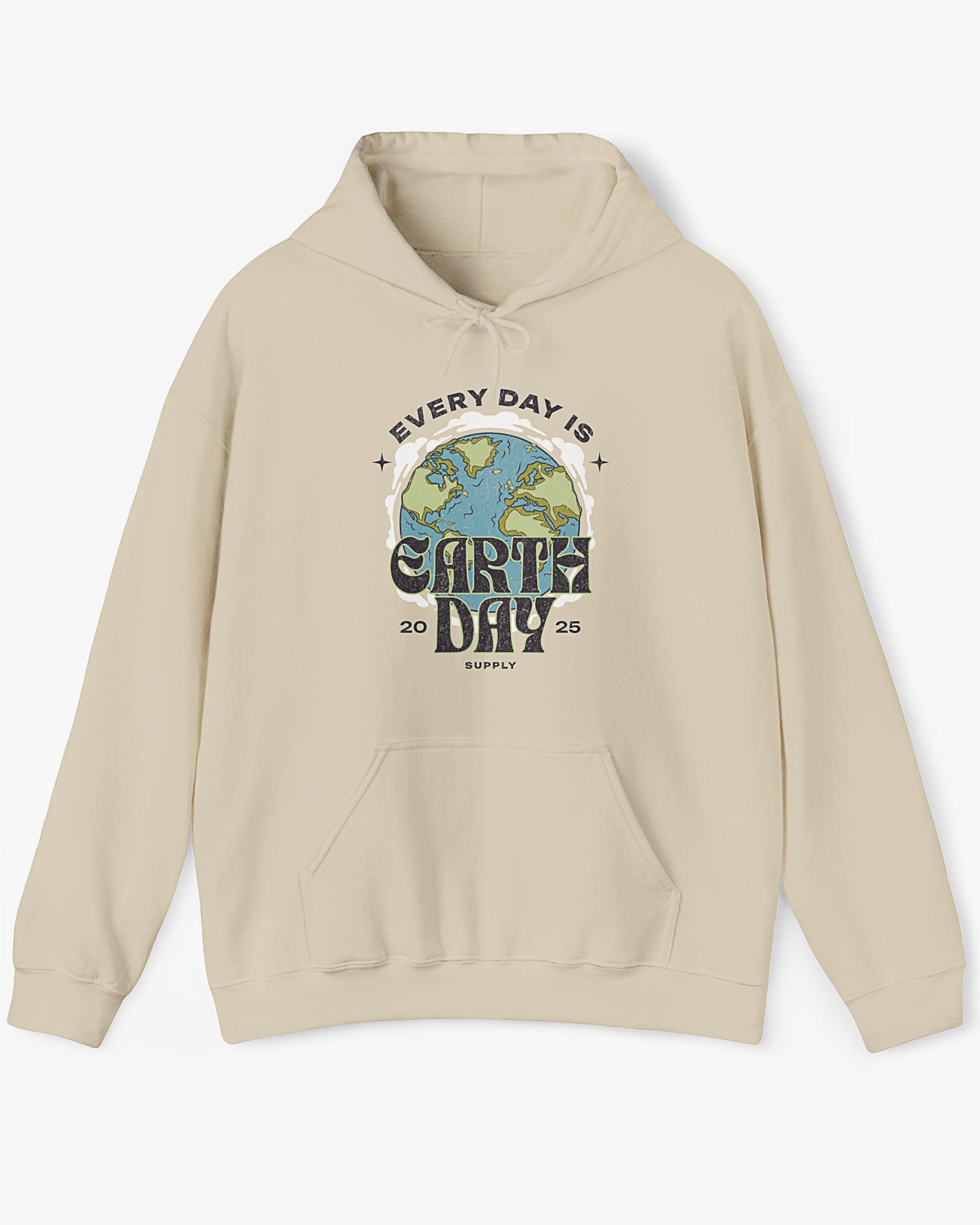 Flat lay sand beige 'Every Day Is Earth Day 2025' hoodie with retro earth globe graphic