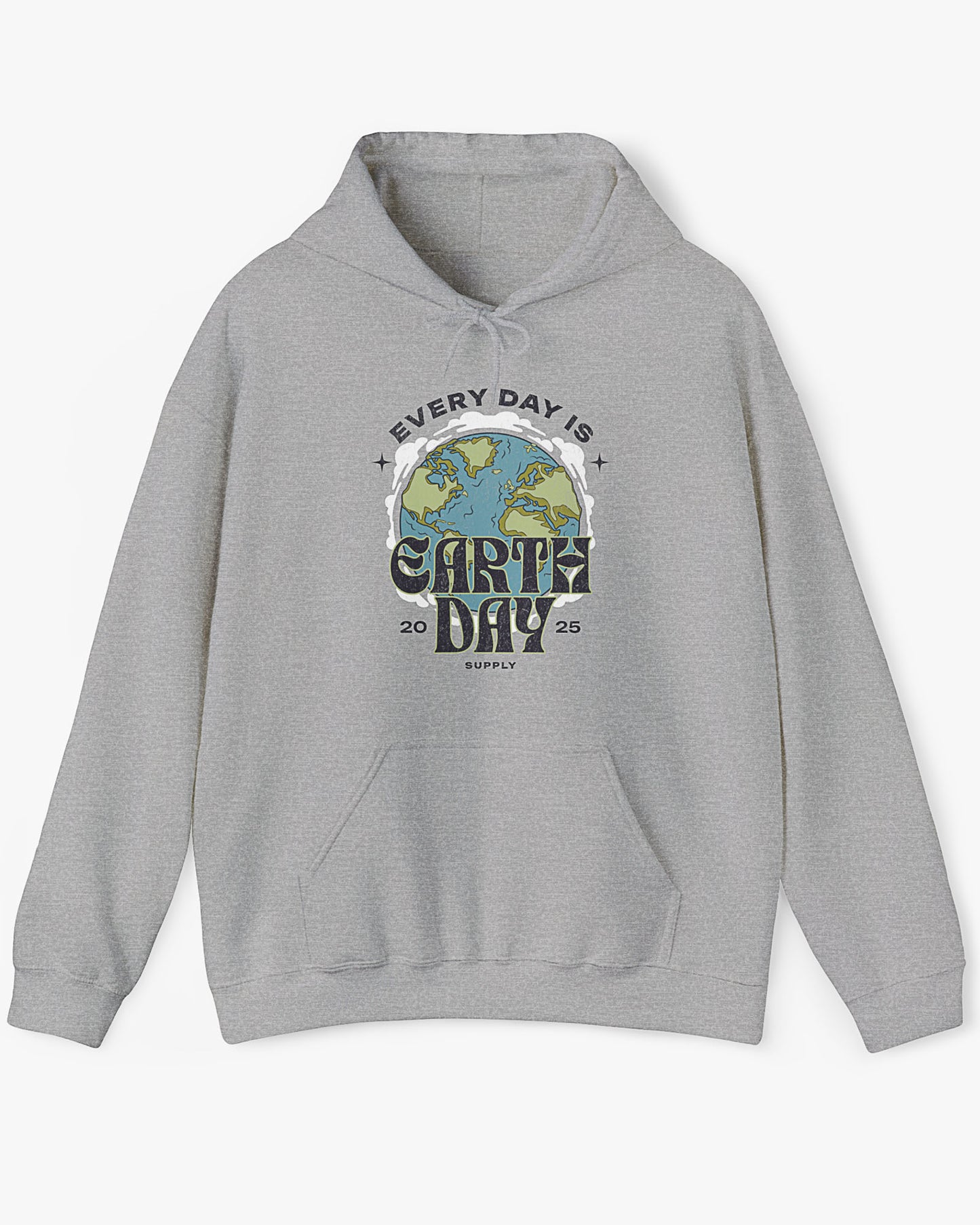 Flat lay sport gray 'Every Day Is Earth Day 2025' hoodie with retro earth globe graphic