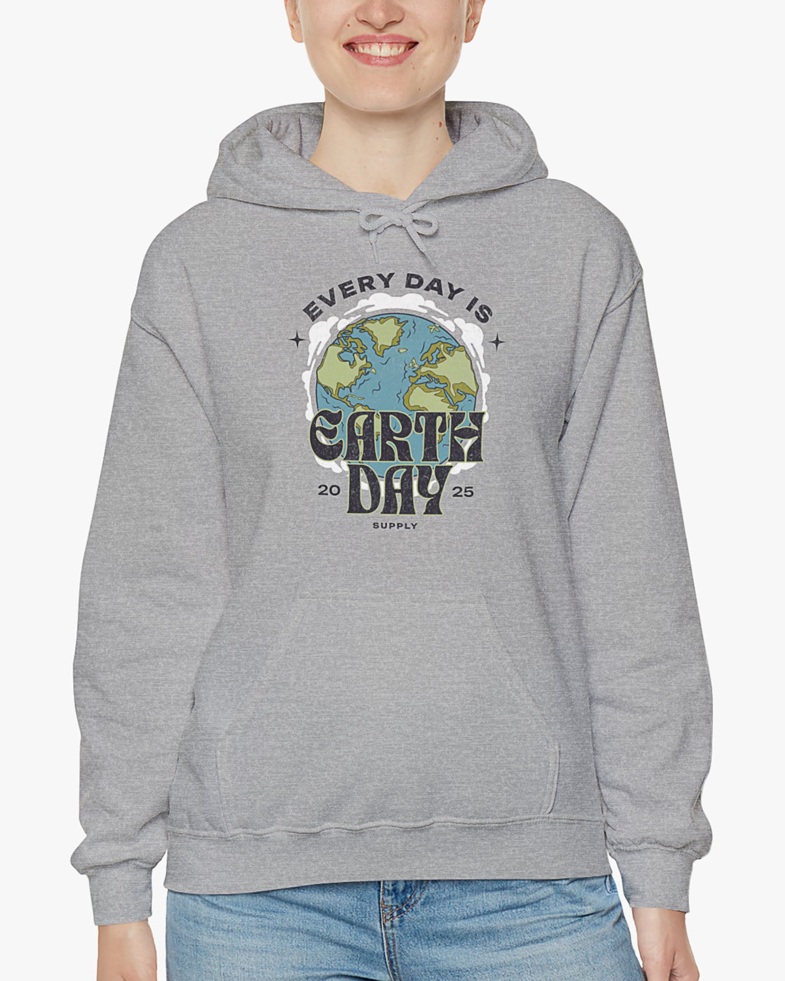 Woman wearing sport gray 'Every Day Is Earth Day 2025' hoodie with retro earth globe graphic
