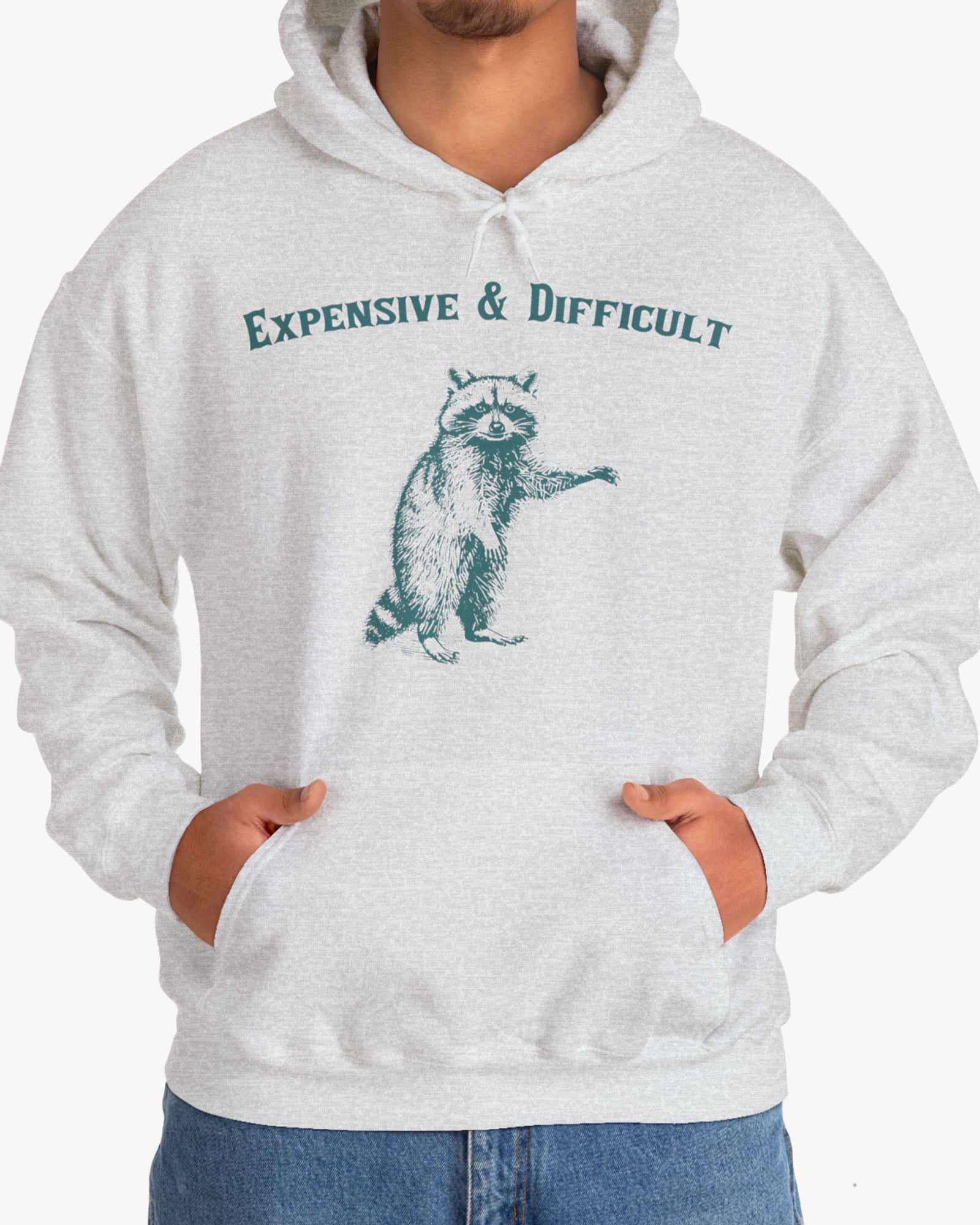 Man wearing an 'Expensive And Difficult' hoodie in ash gray, featuring a retro western graphic design and unisex fit.