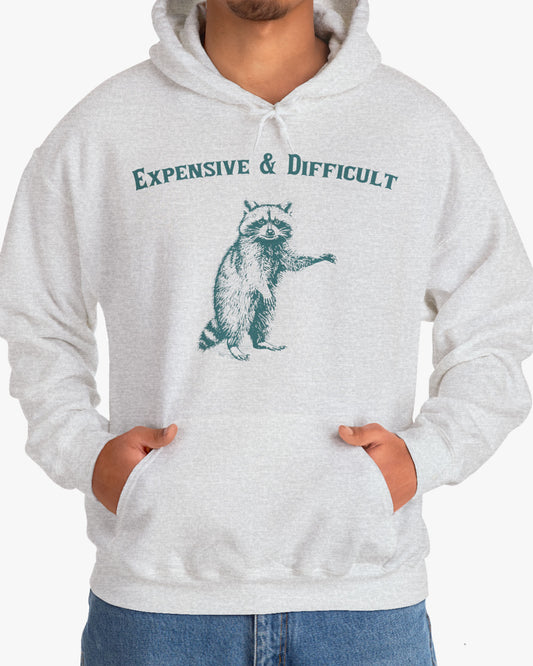 Man wearing an 'Expensive And Difficult' hoodie in ash gray, featuring a retro western graphic design and unisex fit.