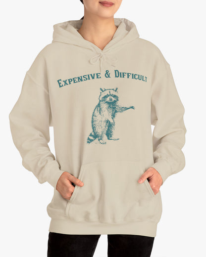 Woman wearing an 'Expensive And Difficult' hoodie in sand beige, featuring a retro western graphic design and unisex fit.
