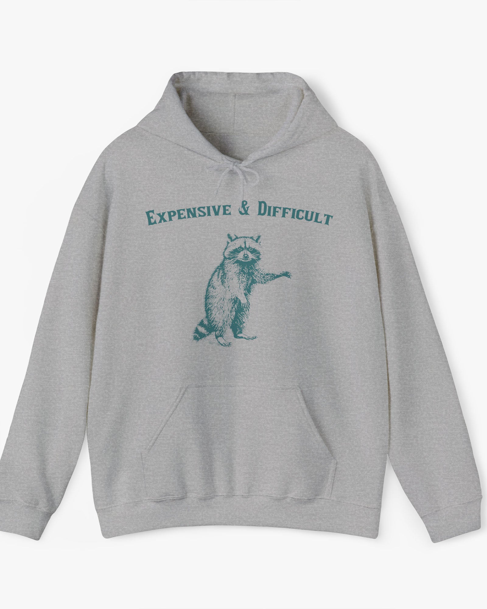 'Expensive And Difficult' hoodie in sport gray, featuring a retro western graphic design and unisex fit.