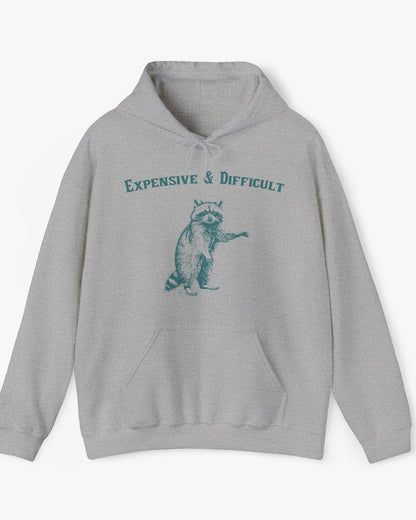 'Expensive And Difficult' hoodie in sport gray, featuring a retro western graphic design and unisex fit.