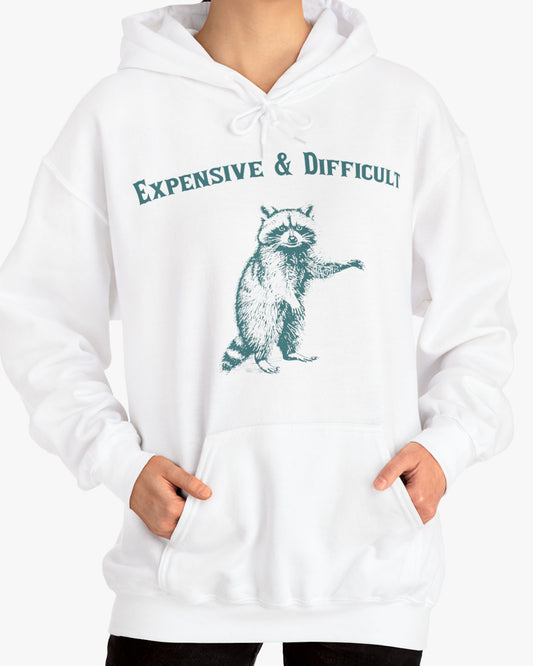 Woman wearing a 'Expensive And Difficult' hoodie in white, featuring a retro western graphic design and unisex fit.