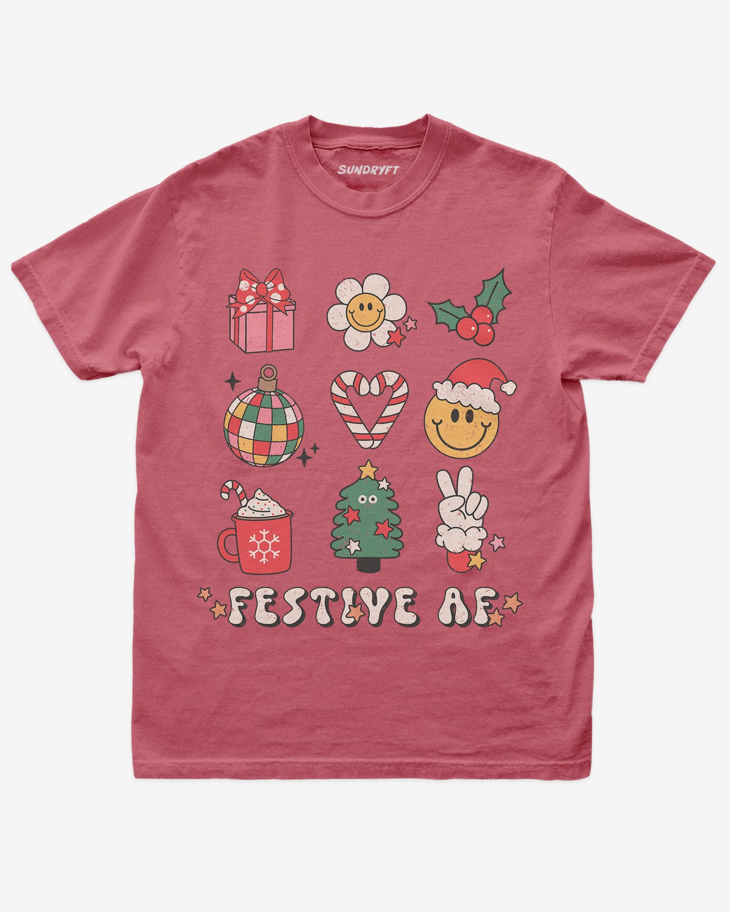 Festive AF shirt in crimson with Christmas collage graphic