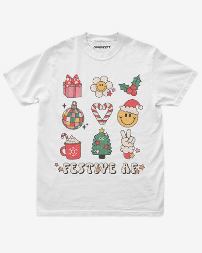 Festive AF shirt in white with Christmas collage graphic