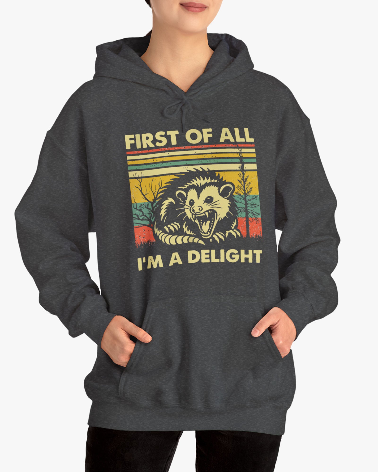 Woman wearing a 'First of All I'm A Delight' hoodie in dark heather, featuring a retro western graphic design and unisex fit.