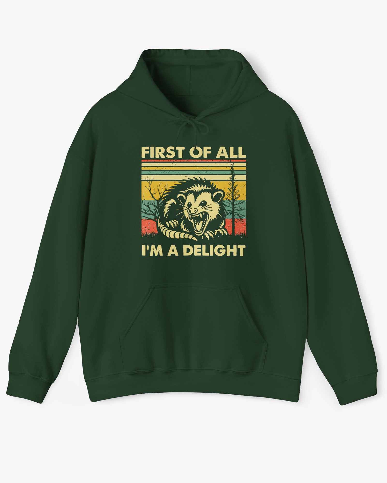 'First of All I'm A Delight' hoodie in forest green, featuring a retro western graphic design and unisex fit.