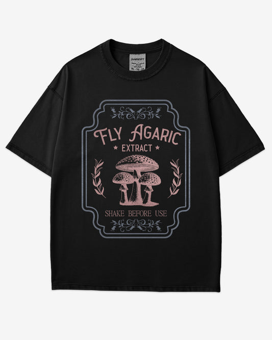 Retro Fly Agaric Extract Potion Shirt in black color with Halloween graphic design