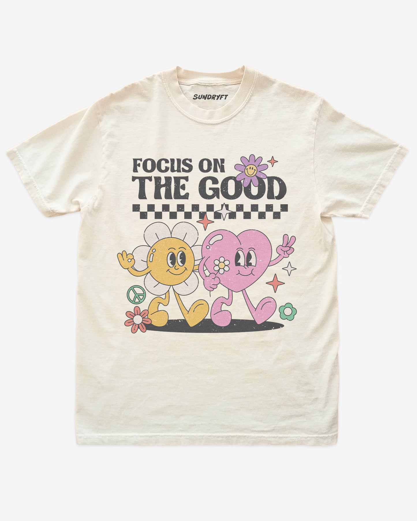 Focus On The Good shirt in ivory with retro walking flower and heart graphic