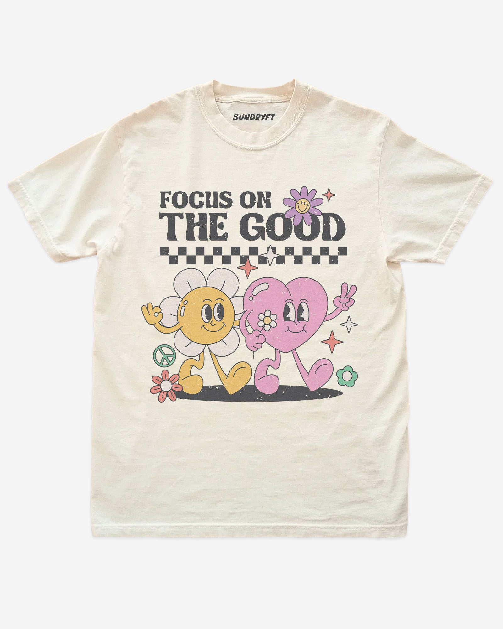 Focus On The Good shirt in ivory with retro walking flower and heart graphic