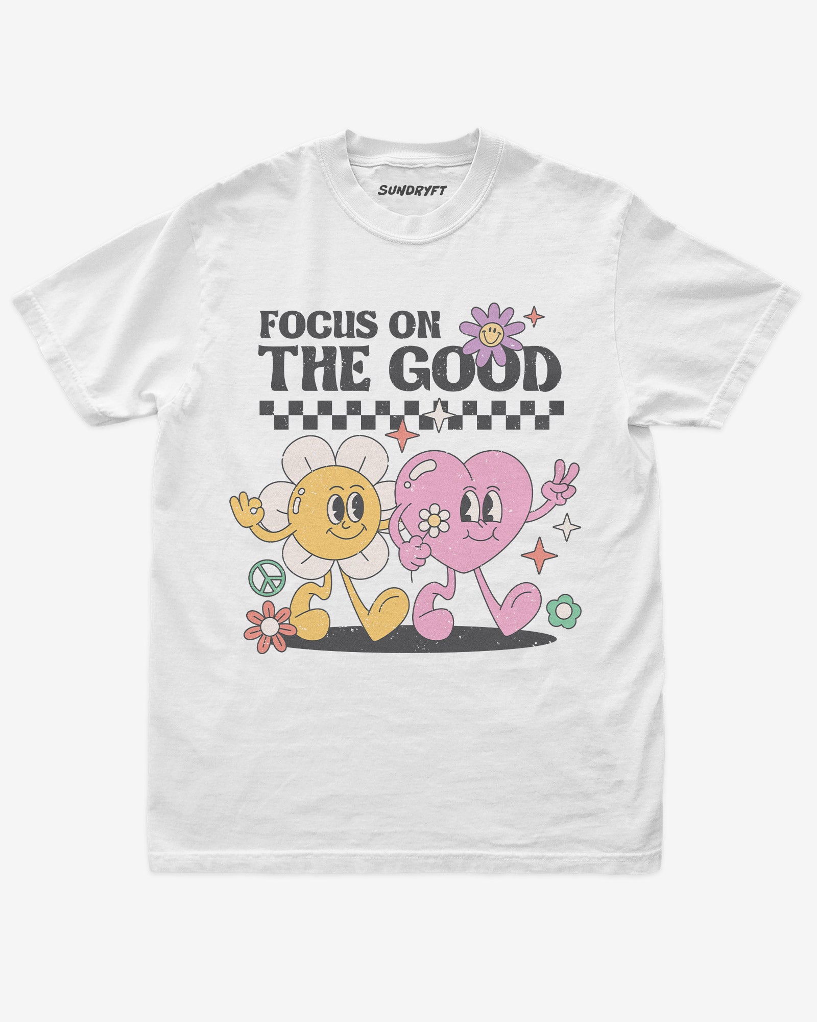 Focus On The Good shirt in white with retro walking flower and heart graphic