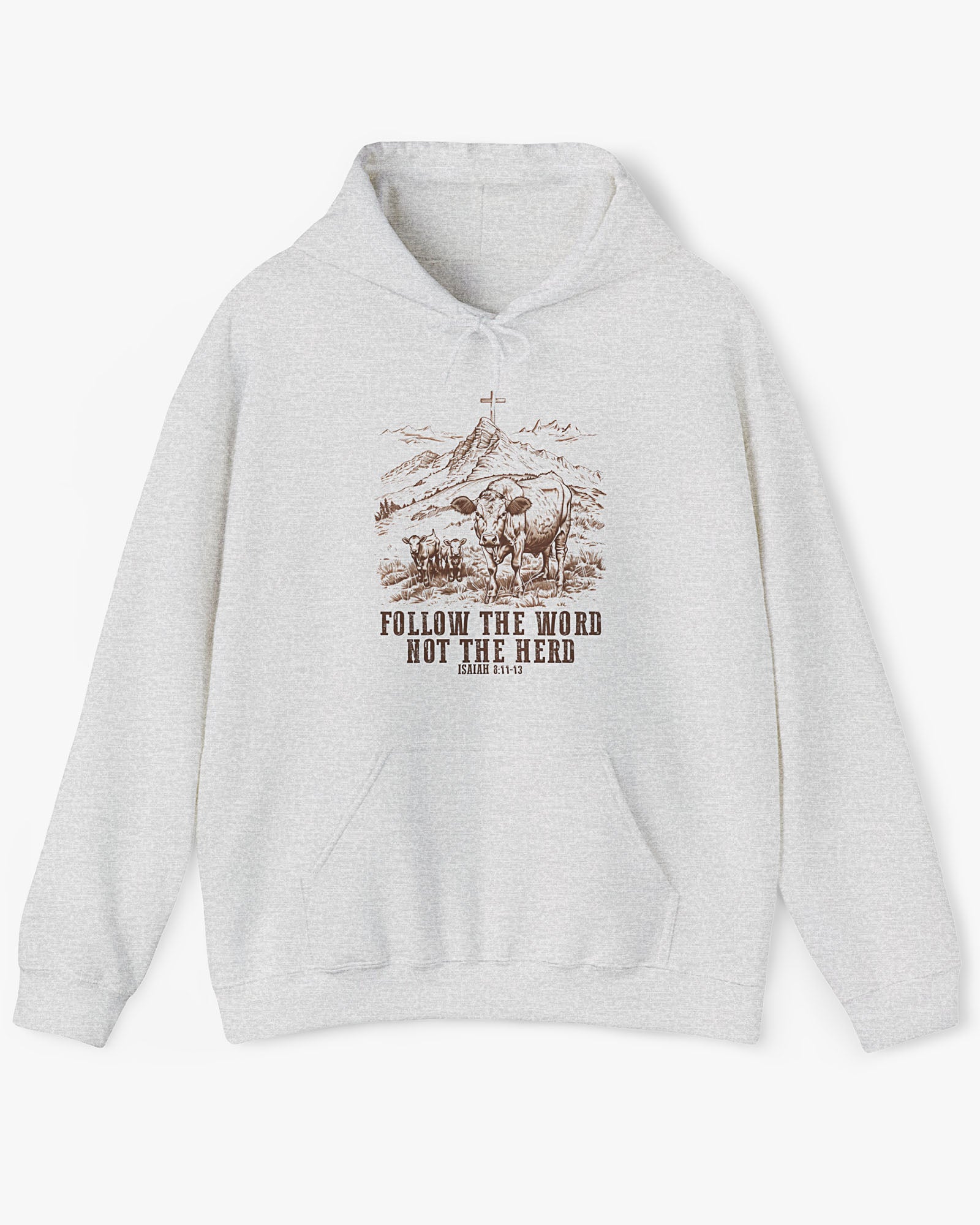 Flat lay ash gray 'Follow The Word Not The Herd' hoodie with retro cows and meadow graphic.