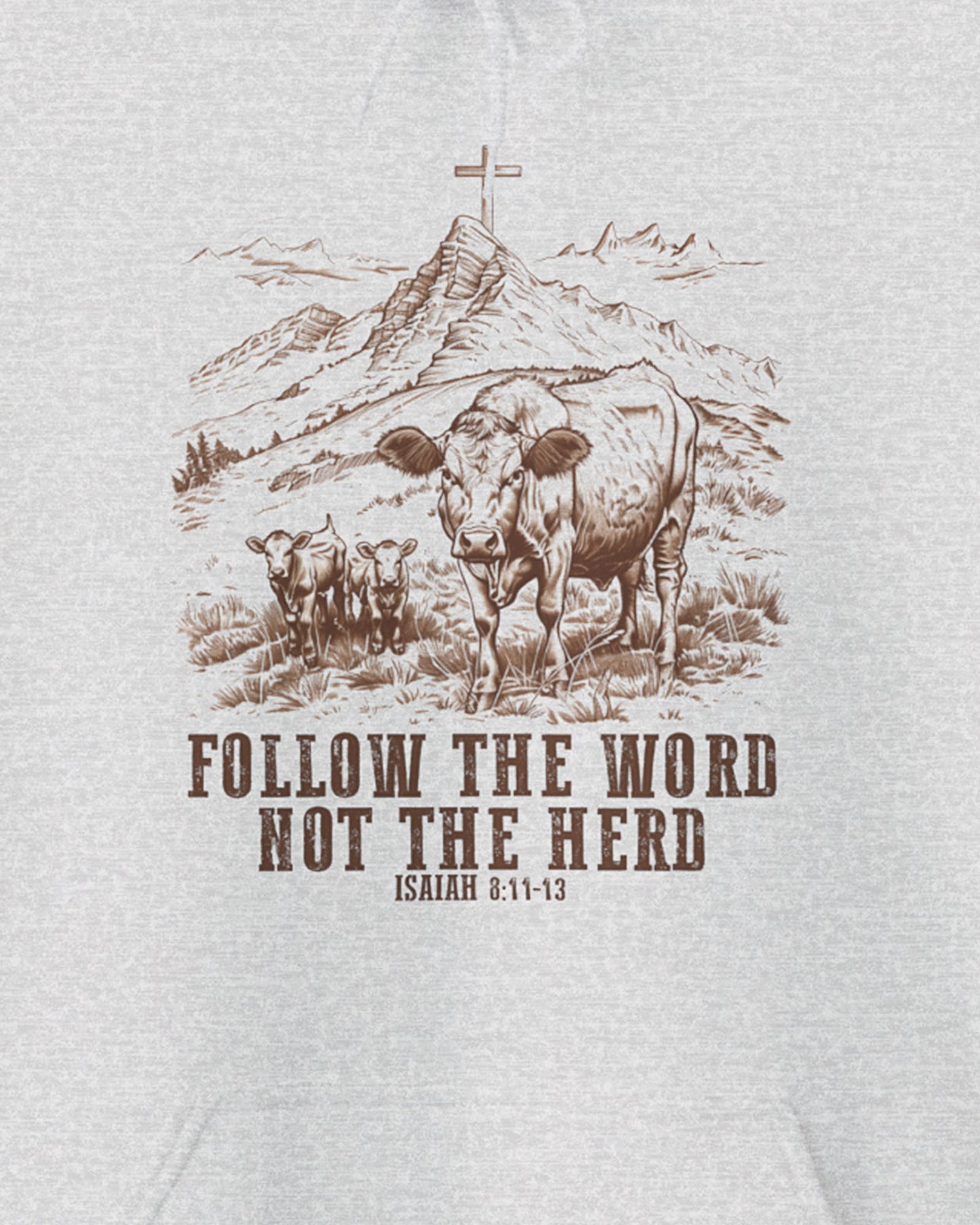 Zoom of the 'Follow The Word Not The Herd' hoodie with retro cow and meadow graphic. Perfect gift for christians.