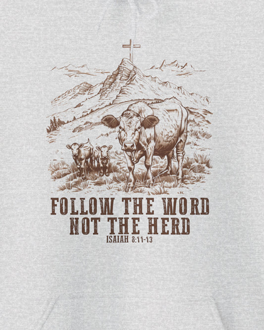 Zoom of the 'Follow The Word Not The Herd' hoodie with retro cow and meadow graphic. Perfect gift for christians.