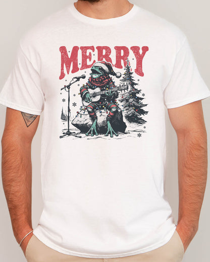 Man wearing retro Christmas graphic shirt with a funny singing frog graphic