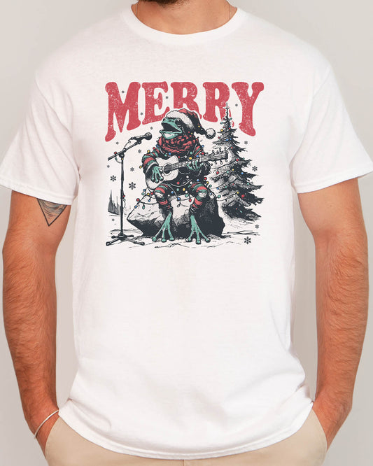 Man wearing retro Christmas graphic shirt with a funny singing frog graphic