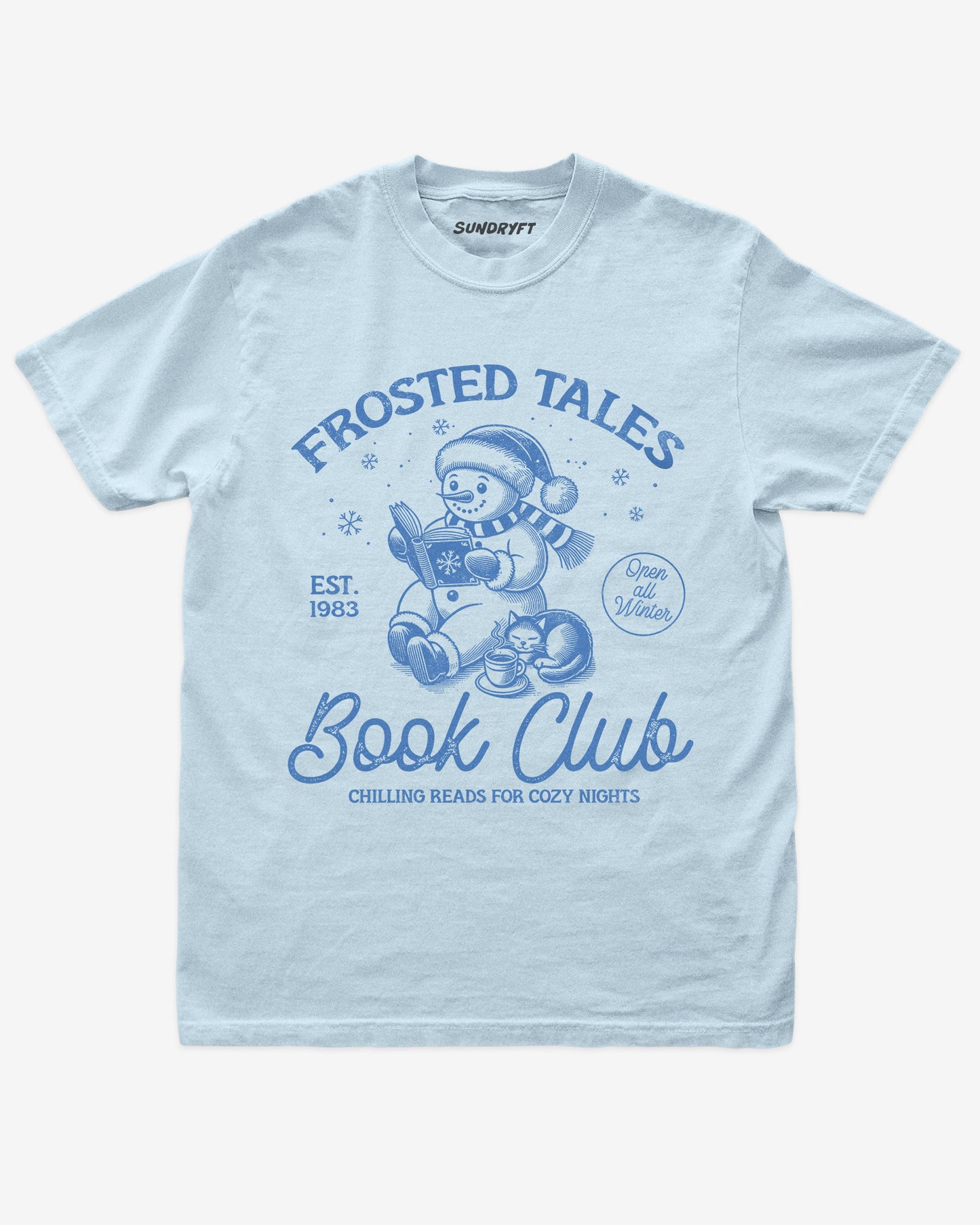 Chambray shirt with cute snowman reading book design and “Frosted Tales Book Club” text